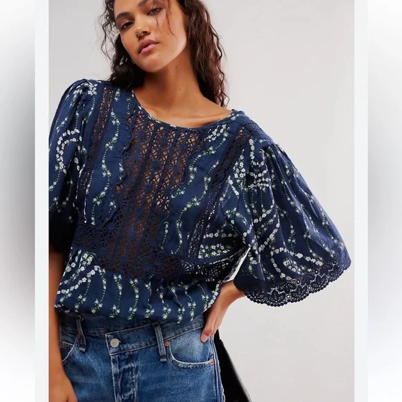 FREE PEOPLE Bali Tate Mixed Media Navy Lace Bodysuit